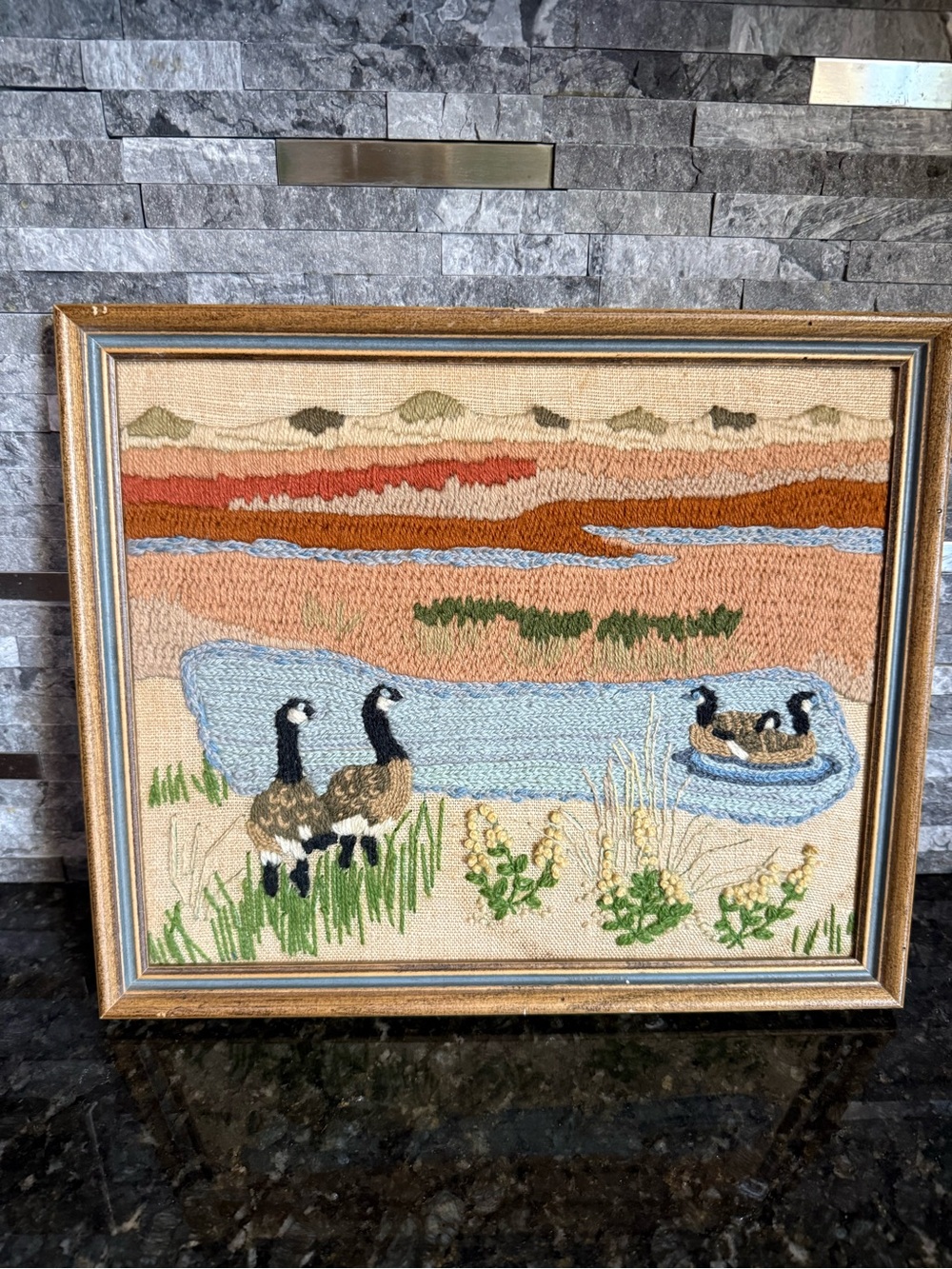 Vintage Cottage Core Handmade 11x13 Geese in Pond Crewel Wood Framed Picture